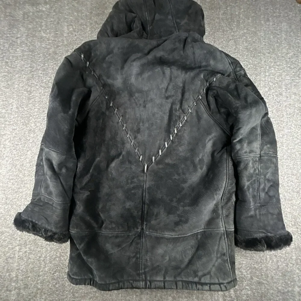 Gallery Genuine Suede Leather Coat Womens Sz M Black Faux Fur Lining & Trim Warm - Picture 2 of 12